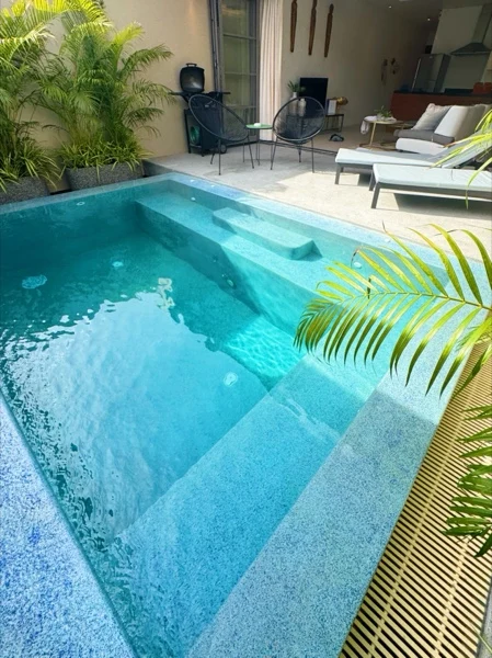 Private Residence, Bang Tao — the steps and the bench in Aqua Blue