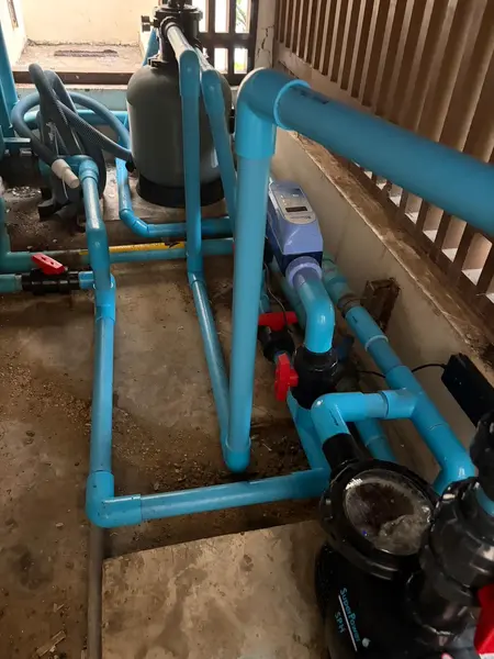 Beachfront Villa, Laguna — the pipework and the salt chlorinator after the rebuild