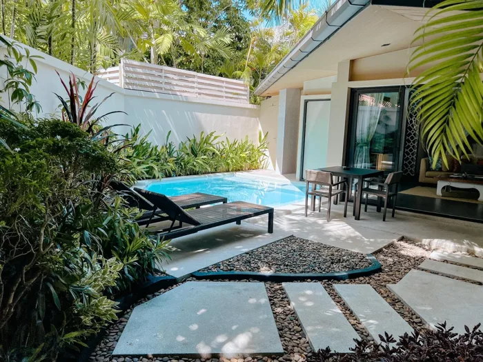 Dewa Resort — the villa pool and its PebbleCrete stepping stones