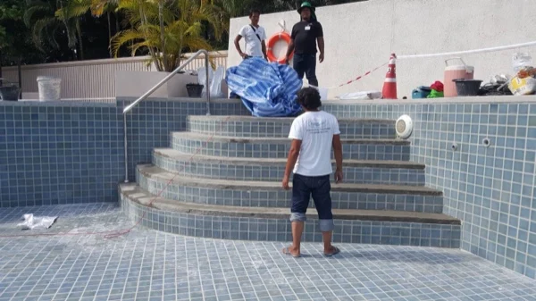 Dewa Resort — the crew at work on the main pool steps