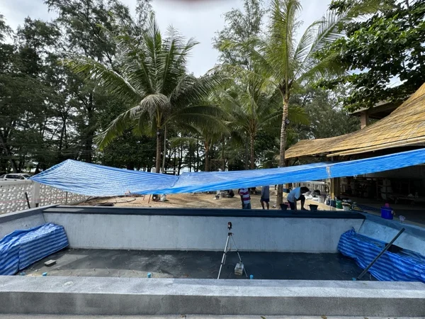 NY Beach Club — shade sheets rigged over the pool