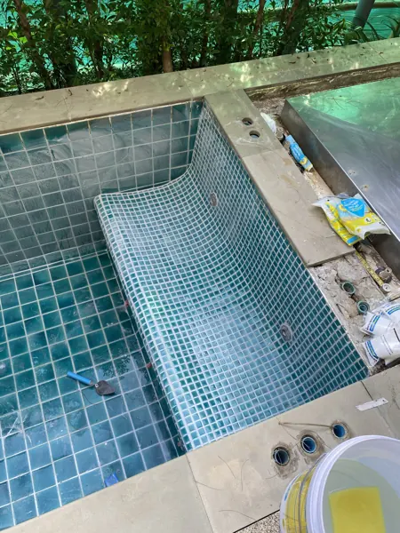 Pearl of Naithon — the mosaic pool before the new coping