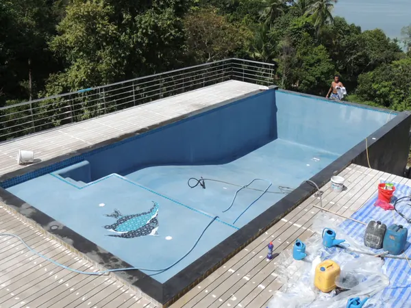 Private Villa, Koh Phangan — the mosaic fish on the shallow ledge in the finished pool