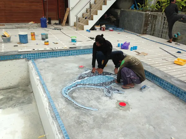 Private Villa, Koh Phangan — laying the mosaic fish on the shallow ledge