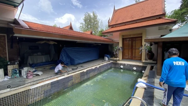 Banyan Tree Villa — draining the old pool before the strip-out