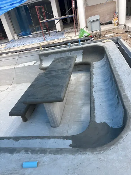 Private Villa, Layan Beachfront — the sunken lounge coated, table and bench in place