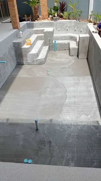 Private Villa, Pasak — the grey shell with its steps and curved seat