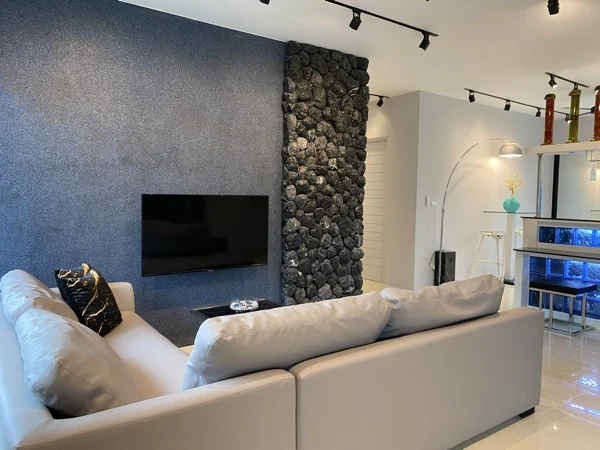 Private Villa, Nai Yang — living room wall and black marble column
