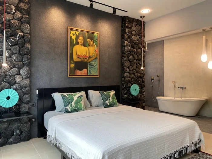 Private Villa, Nai Yang — the black marble wall behind the bath