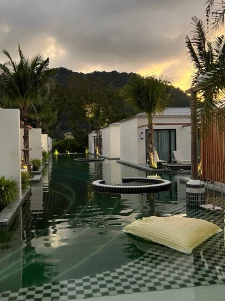 Sugar Marina Lagoon — the in-water lounger at dusk