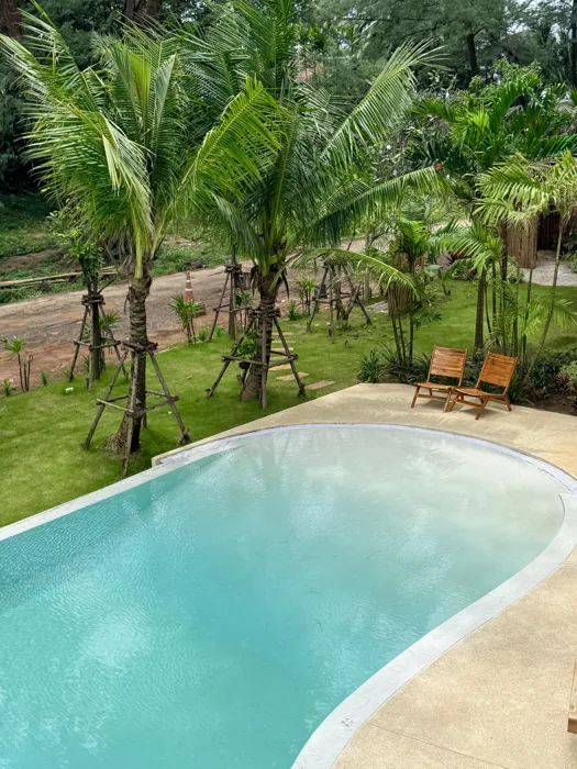 Elevated view of the curved Pearl White beach entrance at The Talay beside a palm-lined garden.